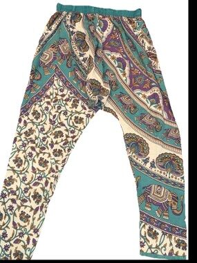 LAKKAR HAVALI Blue Tan Purple Tribal HAREM PANTS Elephant Peacock stretch waist